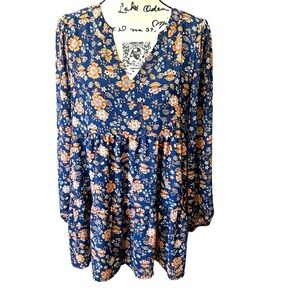 Melloday Blue Floral V Neck Ruffled Blouse Dress Sz Lrg